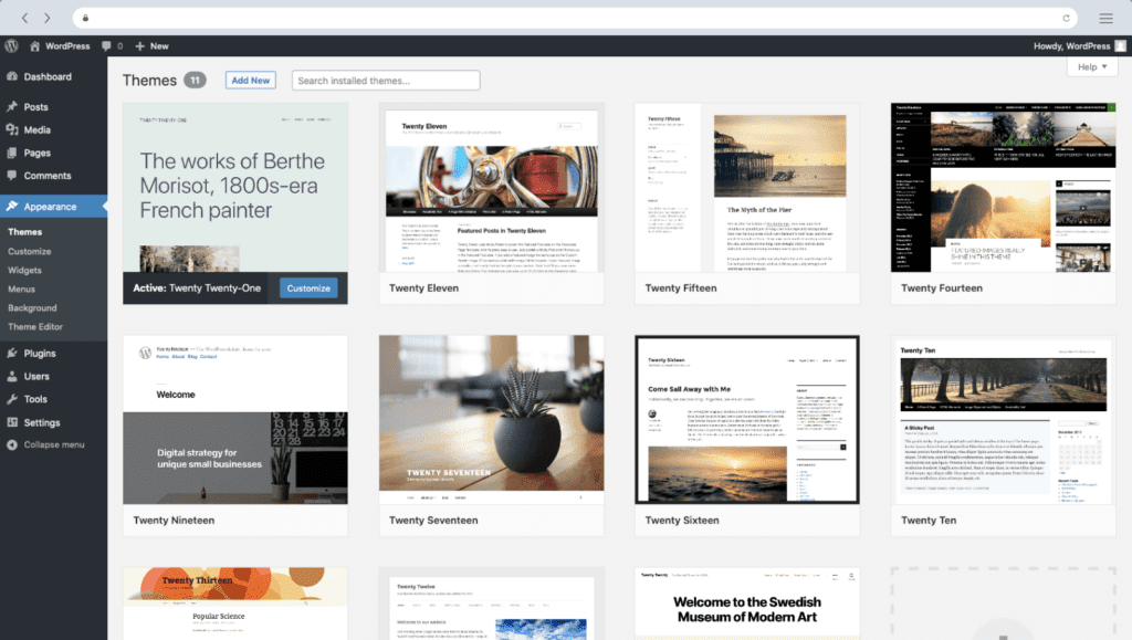 Wordpress dashboard offers lots of customisation options and thousands of themes.