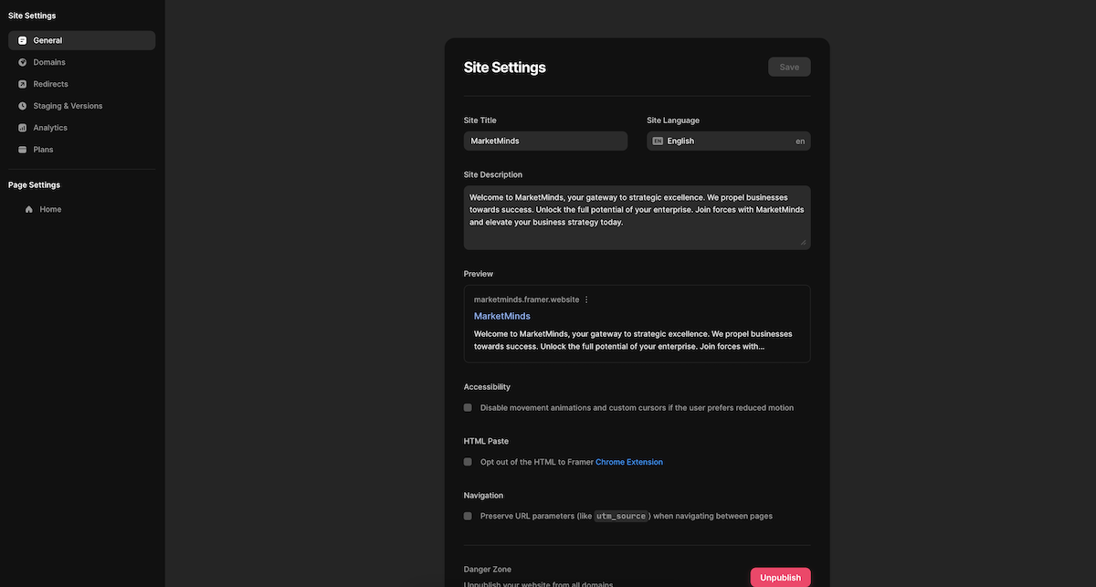 Framer interface to edit SEO settings on your site