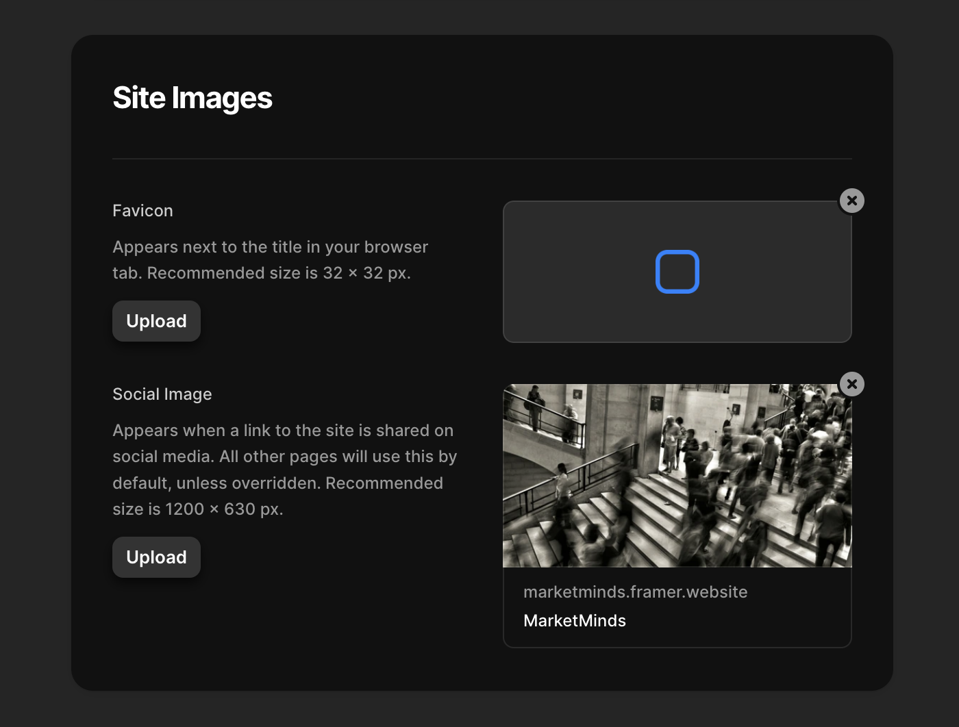 Framer interface to edit SEO settings on your site and site images