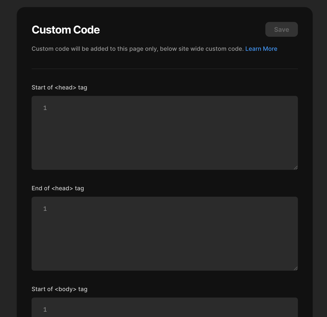 Framer interface to add custom code in the <head> and <body> of the site